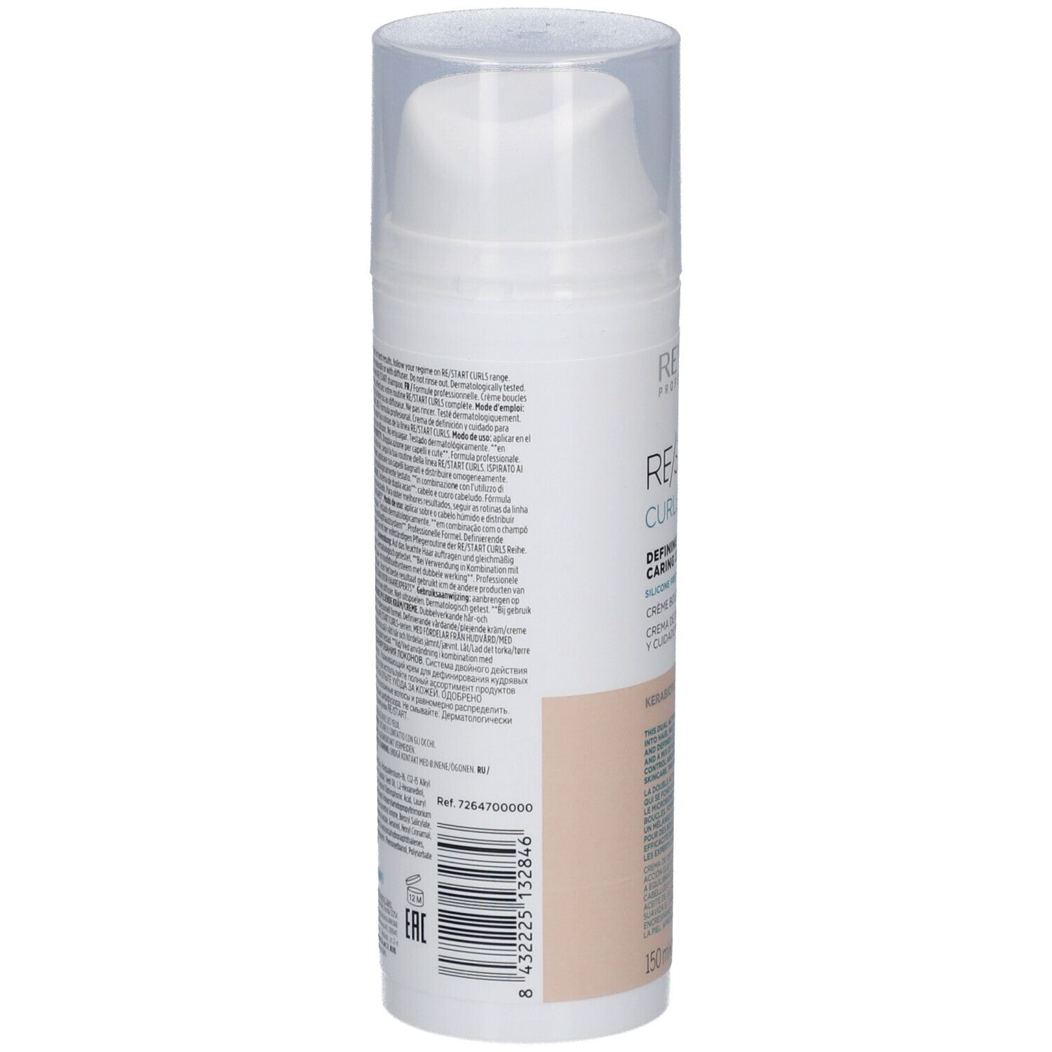 Weißer Spender mit Text. Rückseite mit Text. 150ml/5 FL.OZ. Transparenter Deckel. Beige-farbener Bereich.