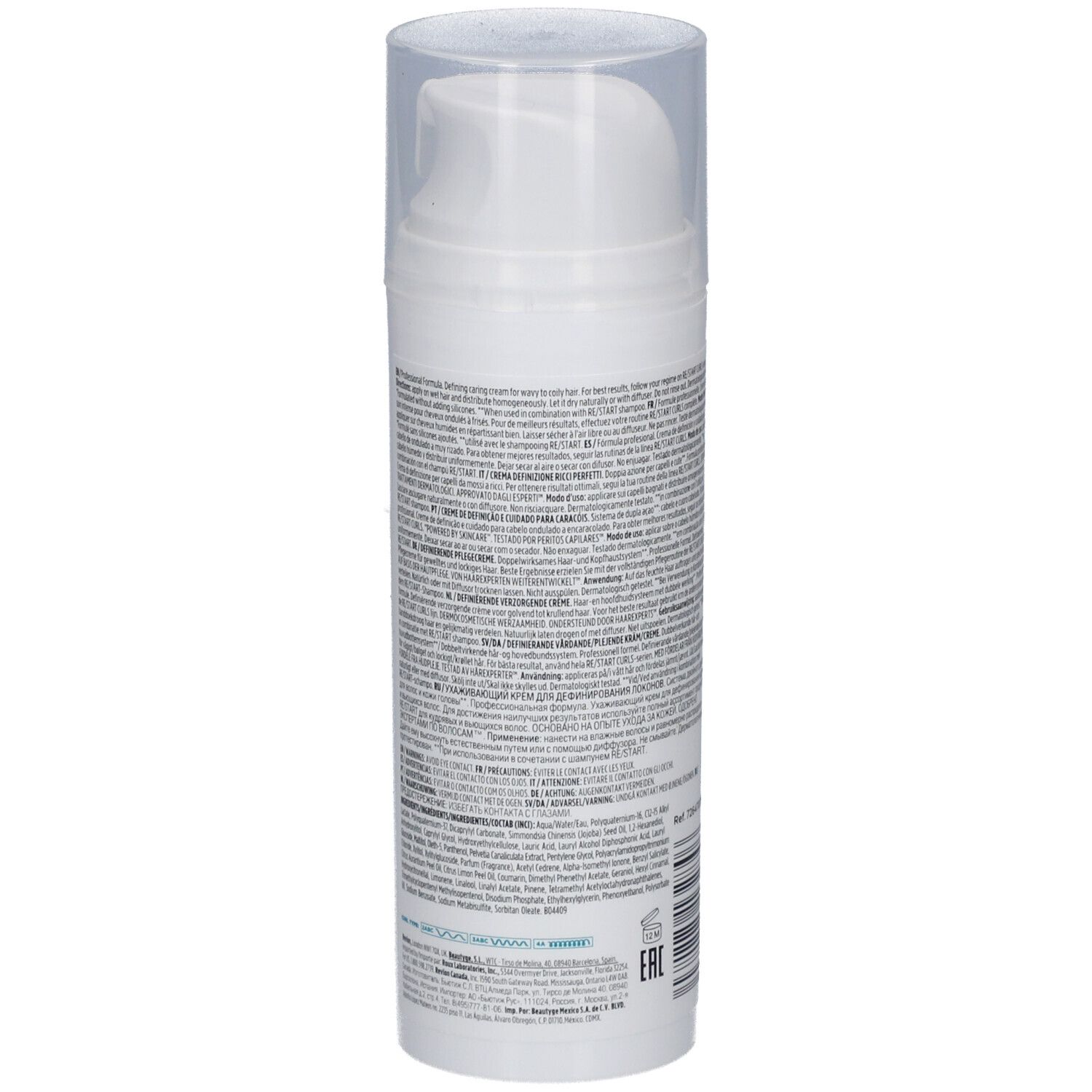 Weißer Spender mit Text. Rückseite mit Text. Transparenter Deckel.