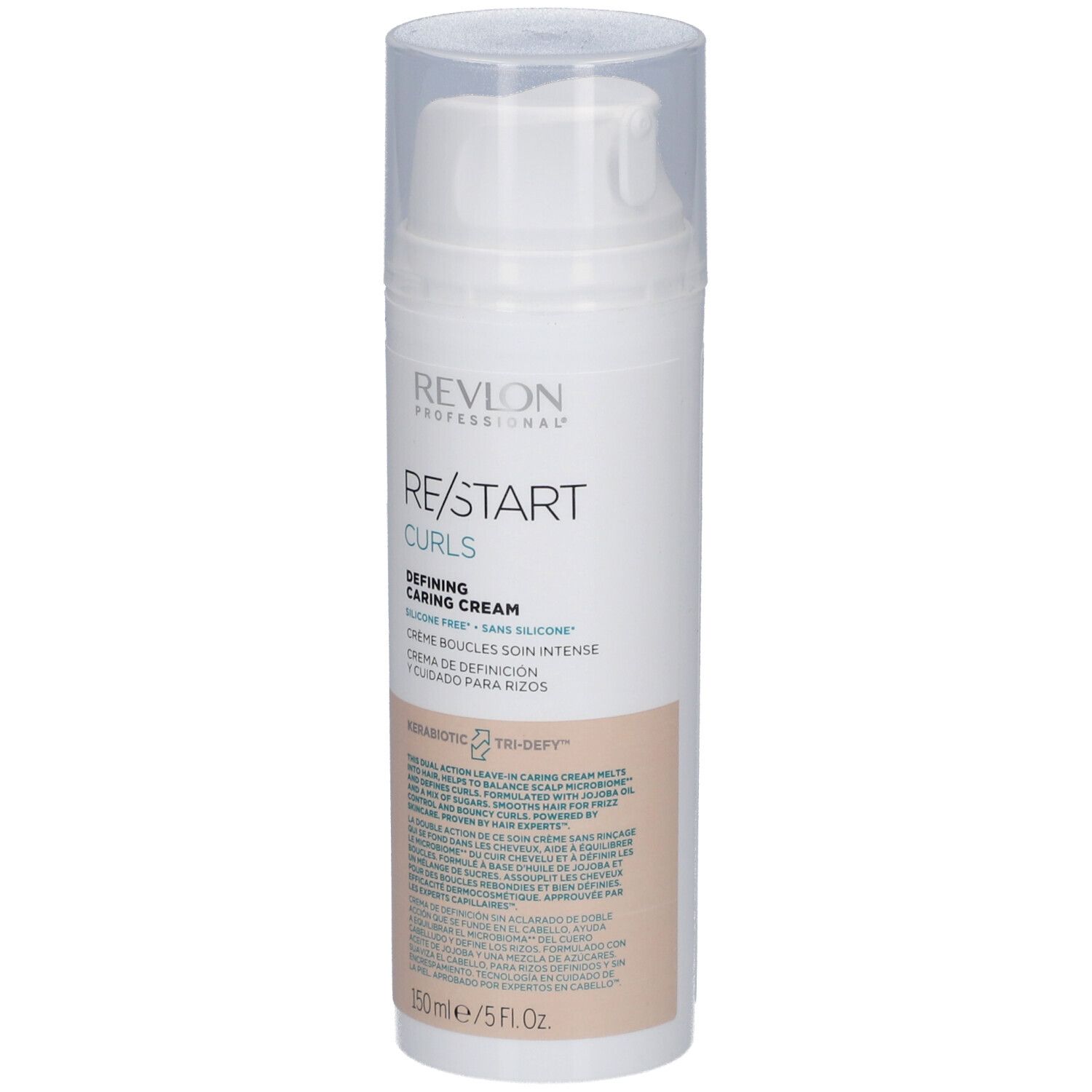 Weißer Spender mit RE/START CURLS. Text: Defining Caring Cream, 150ml/5 FL.OZ. Transparenter Deckel. Beige-farbener Bereich.