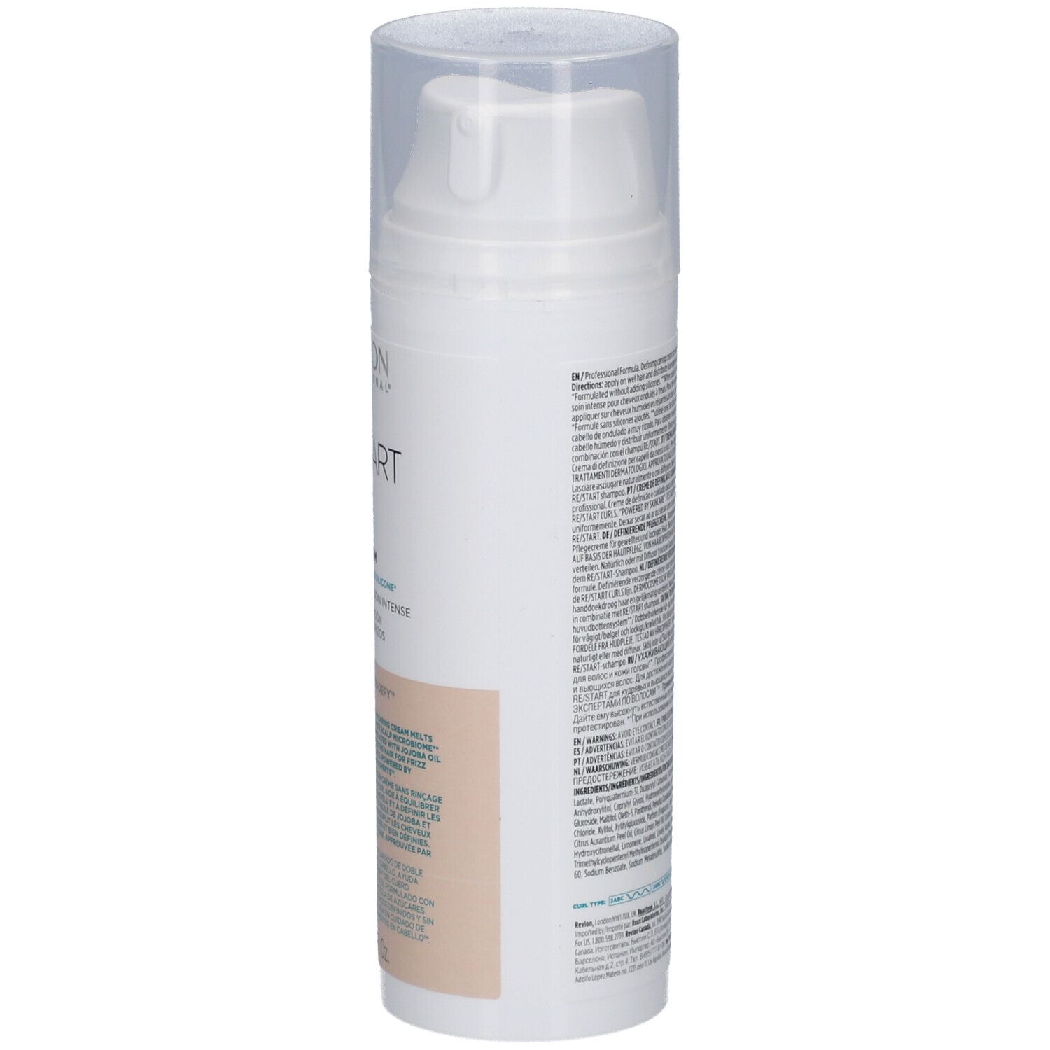 Weißer Spender mit Text. Rückseite mit Text. Transparenter Deckel. Beige-farbener Bereich.