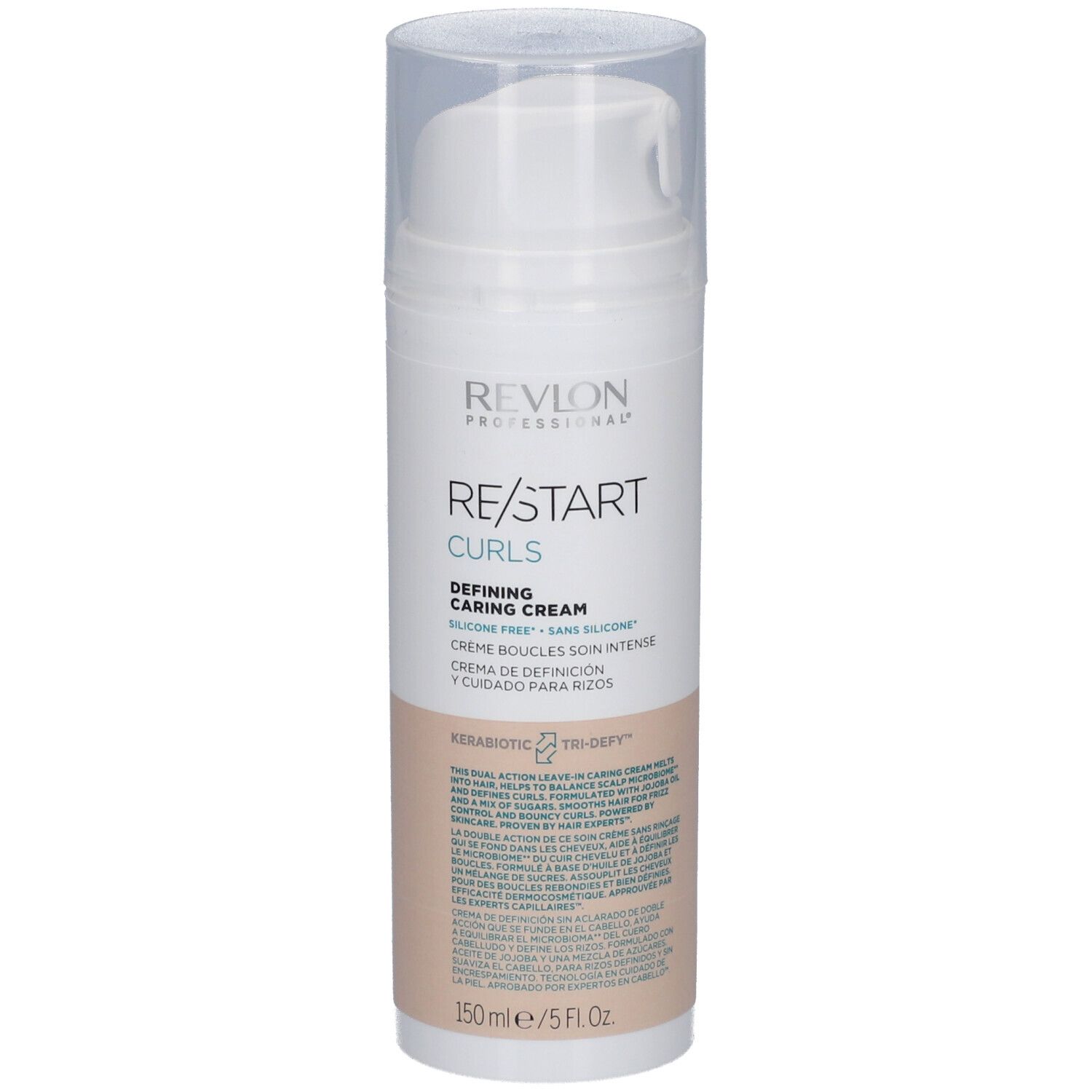 Weißer Spender mit RE/START CURLS. Text: Defining Caring Cream, 150ml/5 FL.OZ. Transparenter Deckel. Beige-farbener Bereich.