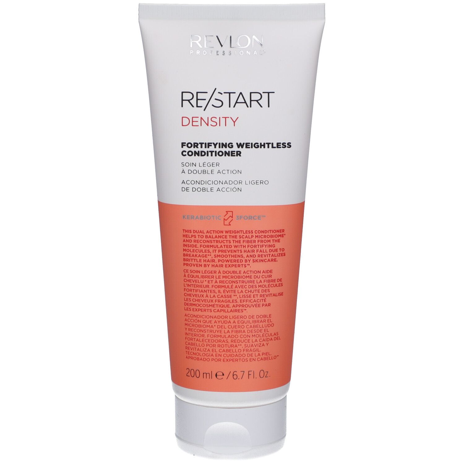 Weiße Tube mit Revlon Re-Start Density Conditioner. Text: Fortifying Weightless Conditioner. Orangefarbener Abschnitt.
