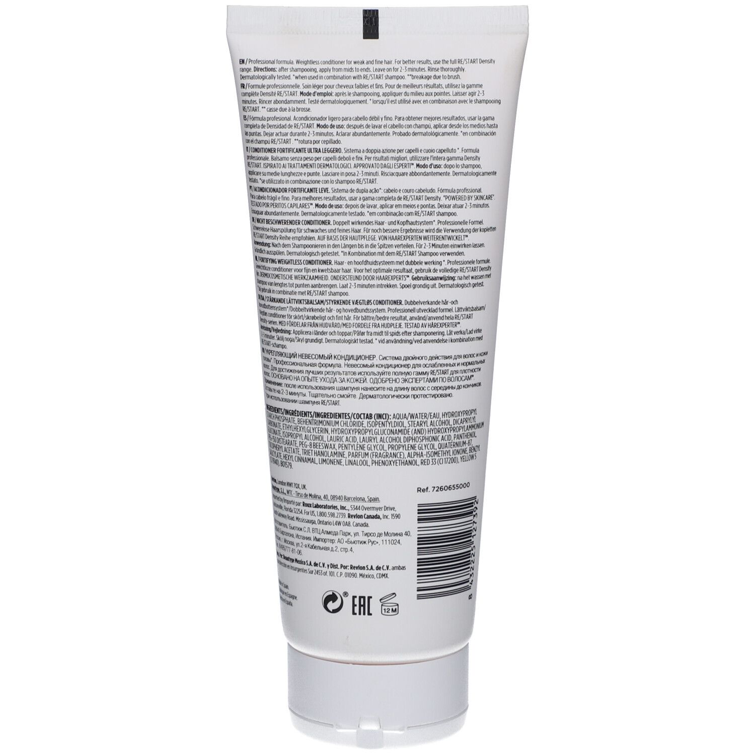 Rückseite der weißen Tube Revlon Re-Start Density Conditioner. Text und Barcode. Grauer Hintergrund.