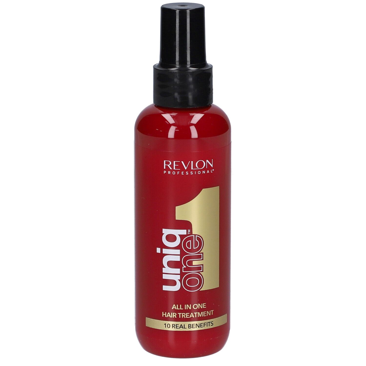Rote Flasche mit schwarzem Sprühkopf. Aufschrift: Revlon Professional Uniq One, All in One Hair Treatment.