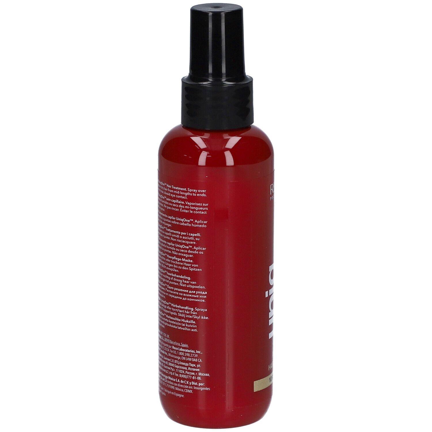 Rote Flasche mit schwarzem Sprühkopf. Rückseite mit Text. Revlon Professional Uniq One Hair Treatment.