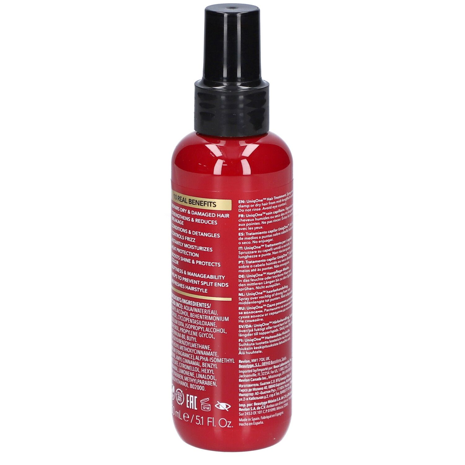 Rote Flasche mit schwarzem Sprühkopf. Rückseite mit Text und Inhaltsstoffen. Revlon Uniq One.