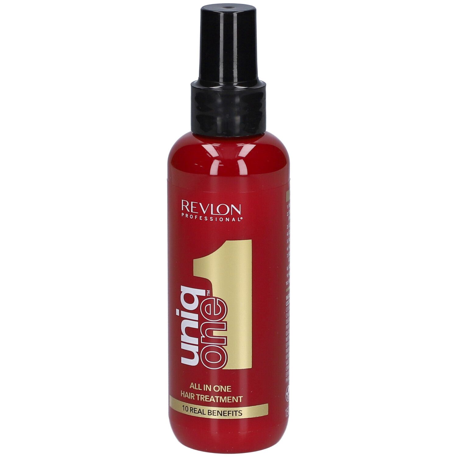 Rote Flasche mit schwarzem Sprühkopf. Aufschrift: Revlon Professional Uniq One, All in One Hair Treatment.