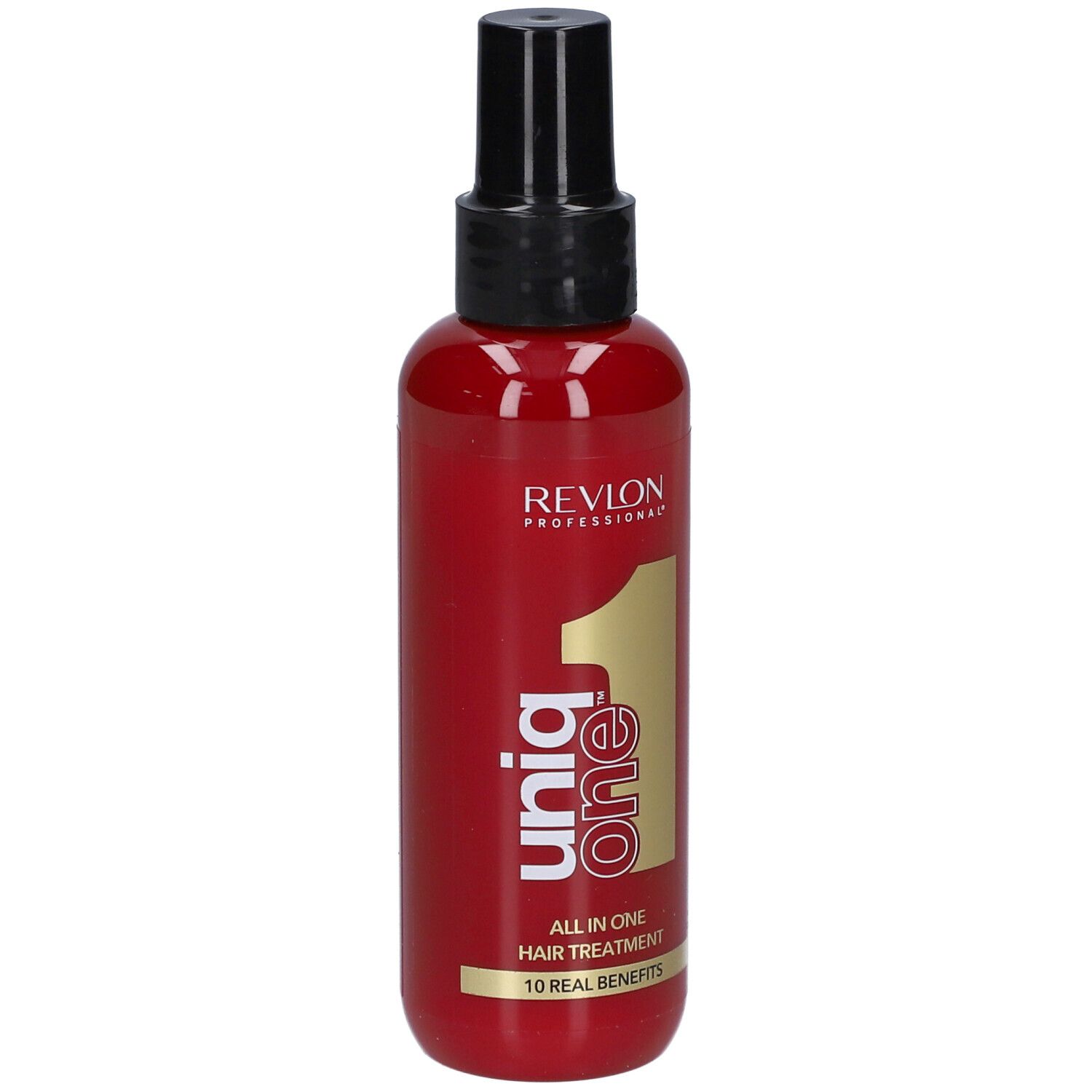 Rote Flasche mit schwarzem Sprühkopf. Aufschrift: Revlon Professional Uniq One, All in One Hair Treatment.