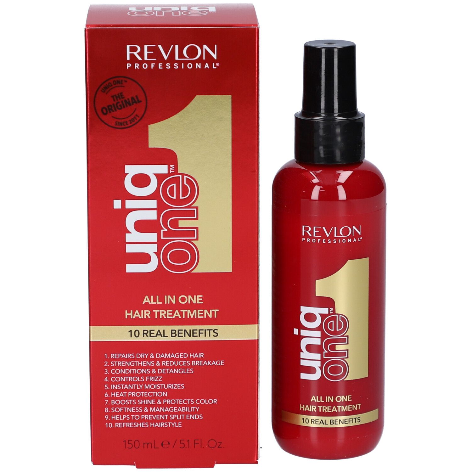Rote Schachtel und Flasche. Aufschrift: Revlon Professional Uniq One, All in One Hair Treatment. 150 ml.