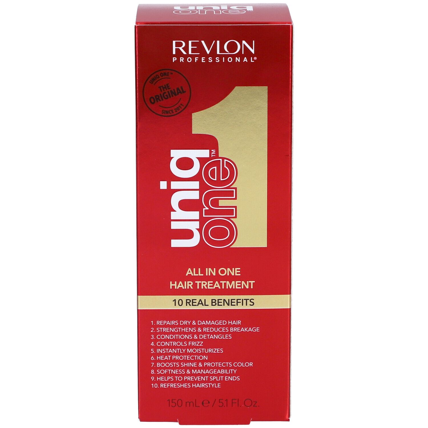 Rote Schachtel und Flasche. Aufschrift: Revlon Professional Uniq One, All in One Hair Treatment. 150 ml.