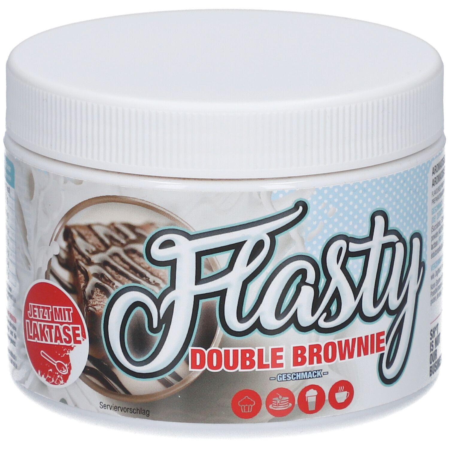 Weißer Behälter mit "Flasty Double Brownie"-Etikett. Aufdruck: "Jetzt mit Laktase".