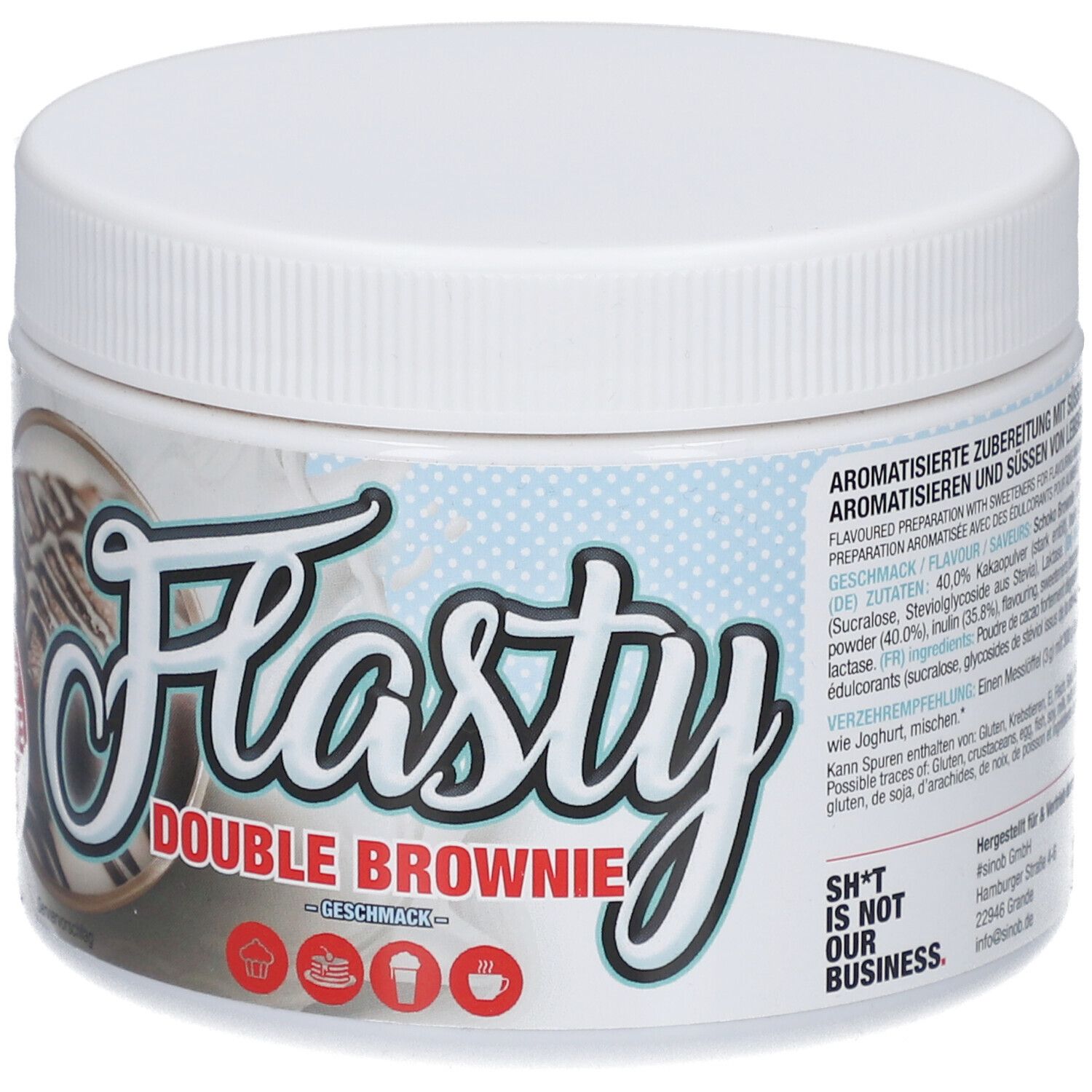 Weißer Behälter mit "Flasty Double Brownie"-Etikett. Aufdruck: "SH*T IS NOT OUR BUSINESS".