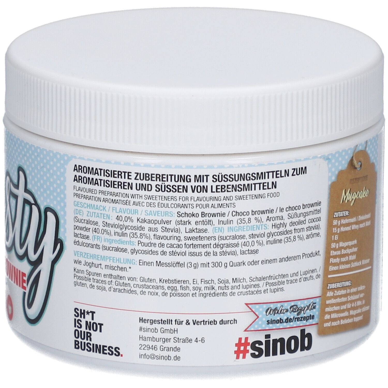 Weißer Behälter mit "Flasty Double Brownie"-Etikett. Aufdruck: "SH*T IS NOT OUR BUSINESS". Logo: "sinob".