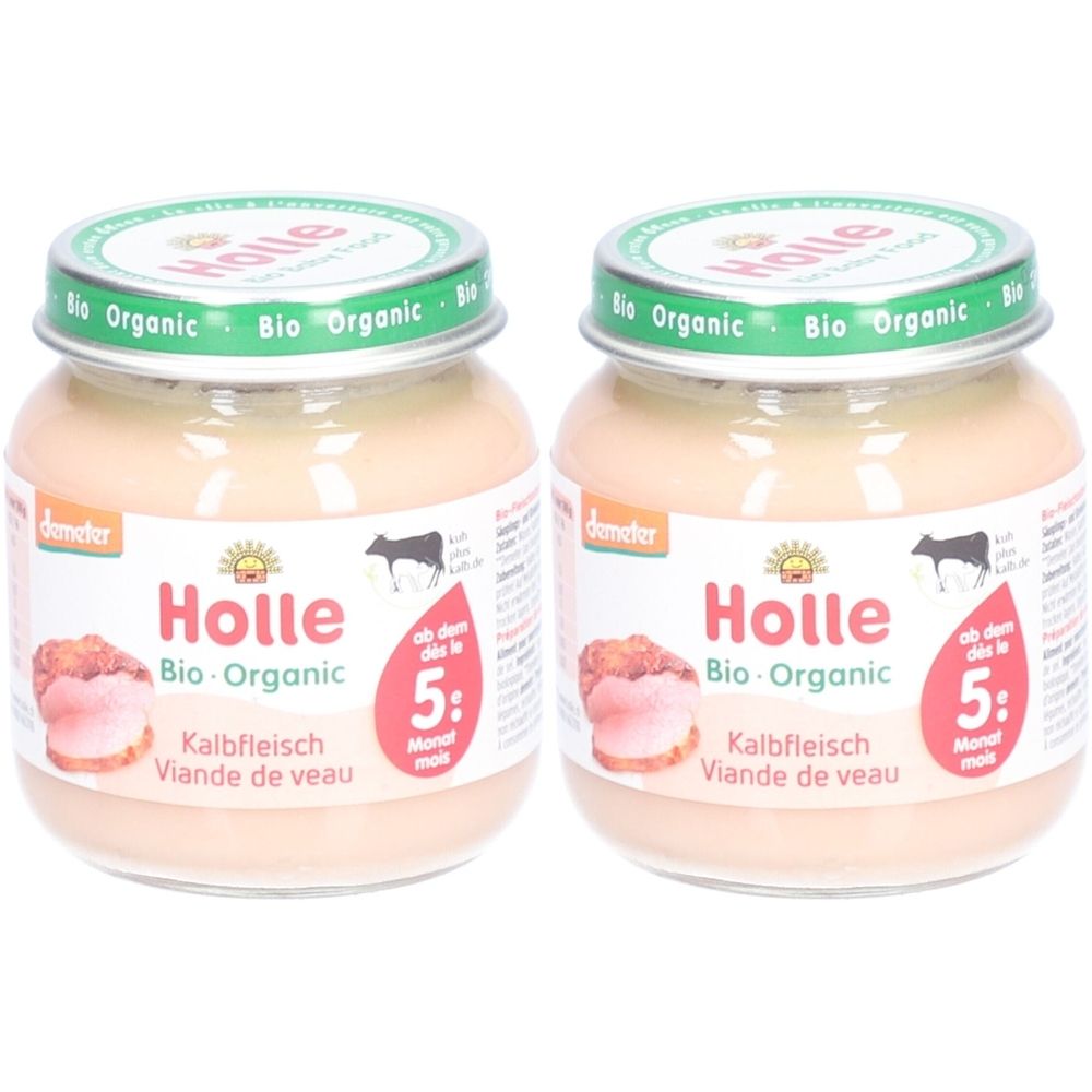 Zwei Gläser Holle Bio-Kalbfleisch-Babynahrung. Gläser mit Deckel, Etikett mit Produktname, Logo und Altersempfehlung.