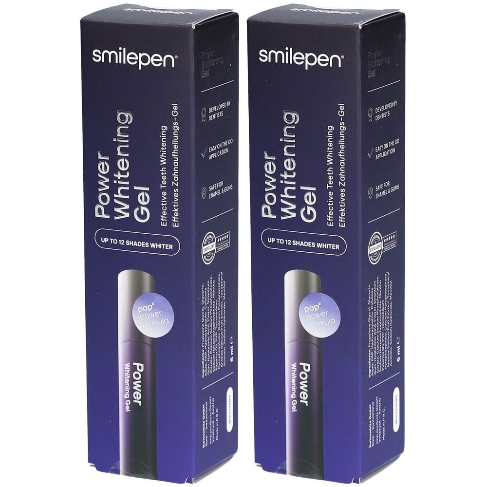 Zwei Schachteln Smilepen Power Whitening Gel. Aufschrift: Power Whitening Gel, bis zu 12 Nuancen heller. 6 ml.