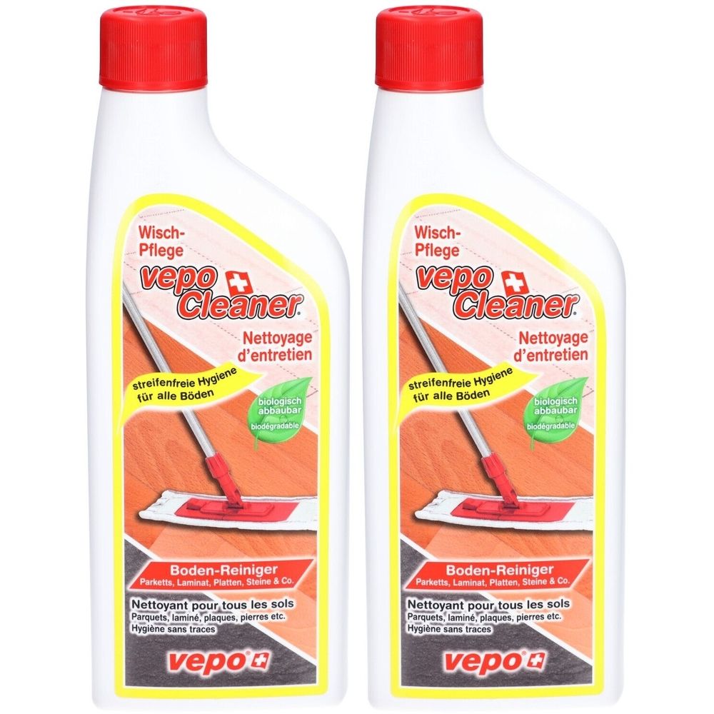 Zwei weiße Flaschen mit rotem Deckel. Aufschrift: vepo Cleaner, Boden-Reiniger. Mit Abbildung eines Wischmops.