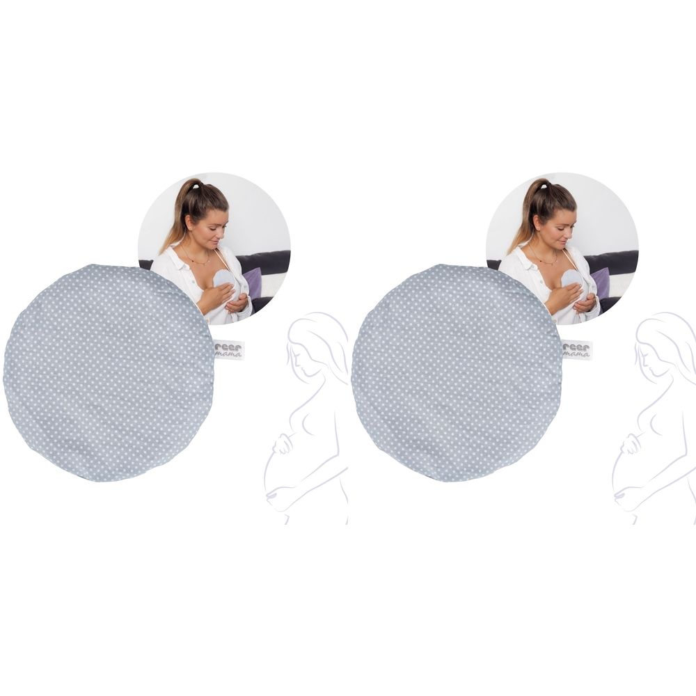 Zwei runde, grau gepunktete Kissen. Oben rechts und links jeweils ein rundes Bild einer stillenden Frau. Darunter Umrisszeichnungen.