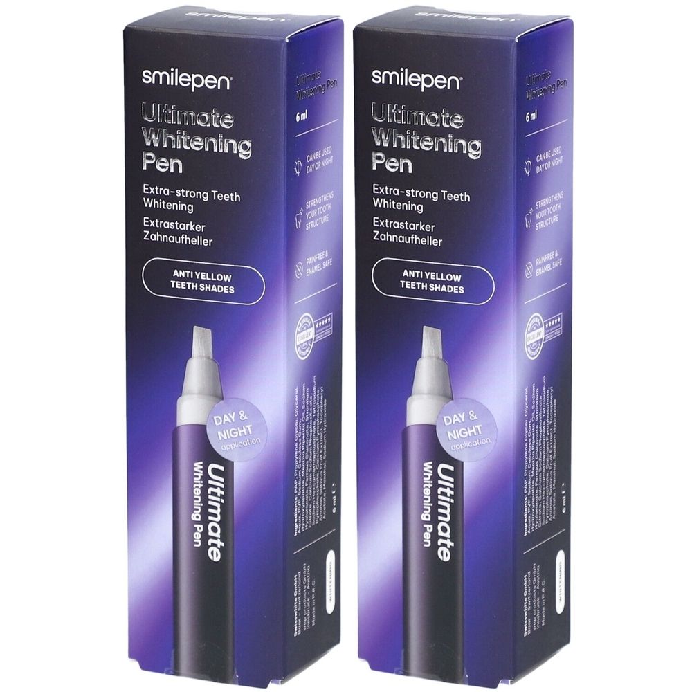 Zwei Schachteln mit "smilepen Ultimate Whitening Pen". Aufschrift: Extra-starkes Zähne-Whitening. Enthält einen Stift und eine Box.