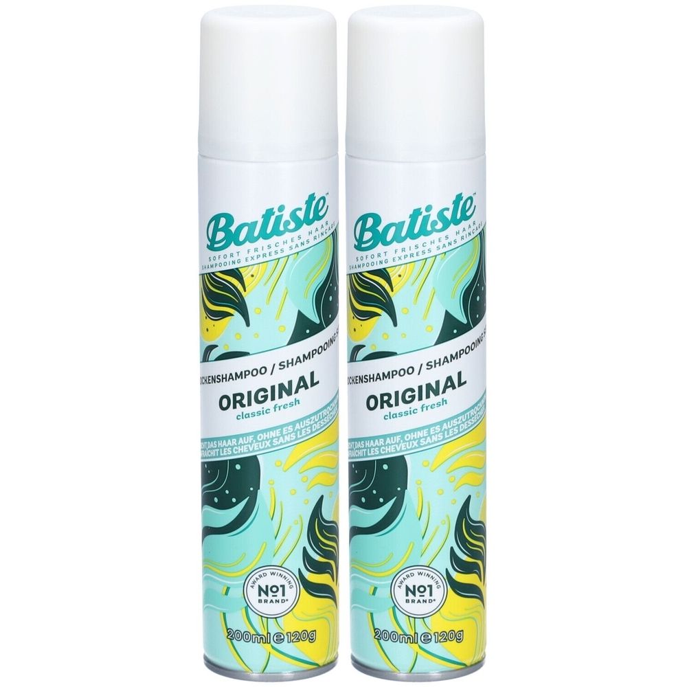 Zwei Sprühflaschen mit weißem Deckel. Aufschrift: Batiste, Original, classic fresh. Grün-gelbes Design. Nr. 1 Logo.