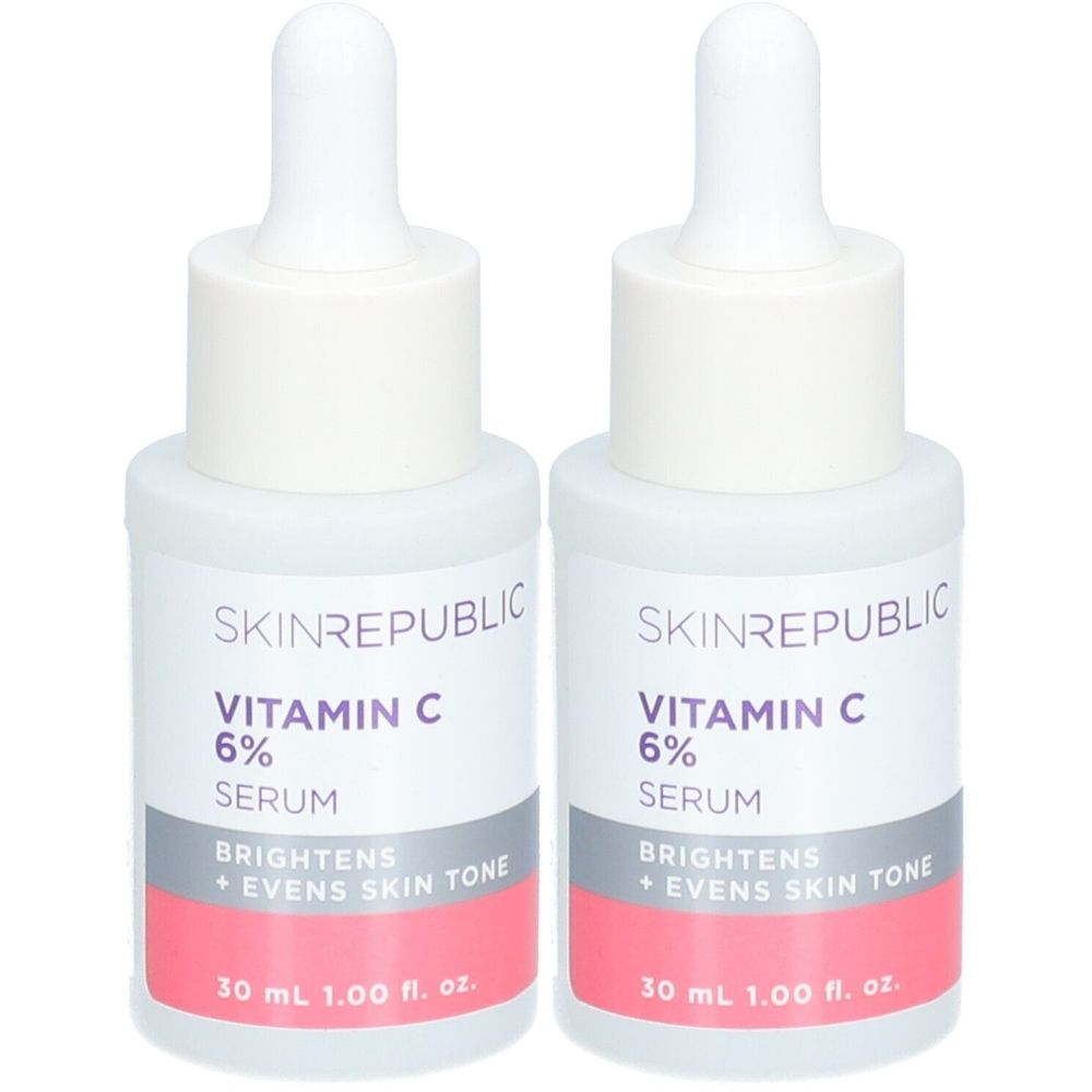 Zwei Flaschen Serum. Aufschrift: SKINREPUBLIC, Vitamin C 6%, Serum. Rosa-grauer Streifen mit Text: BRIGHTENS + EVENS SKIN TONE. 30 ml.