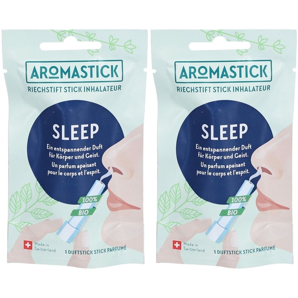 Zwei Aromastick-Inhalatoren in Verpackung. Aufschrift: Sleep, 100% Bio. Schweizer Flagge.