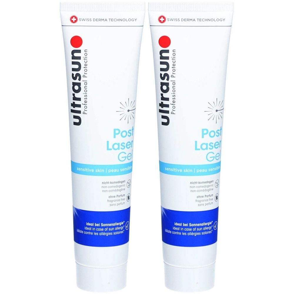 Zwei Tuben Gel. Weiß, mit blauer und roter Schrift. Aufschrift: ultrasun, Post Laser Gel. Ideal bei Sonnenallergie.