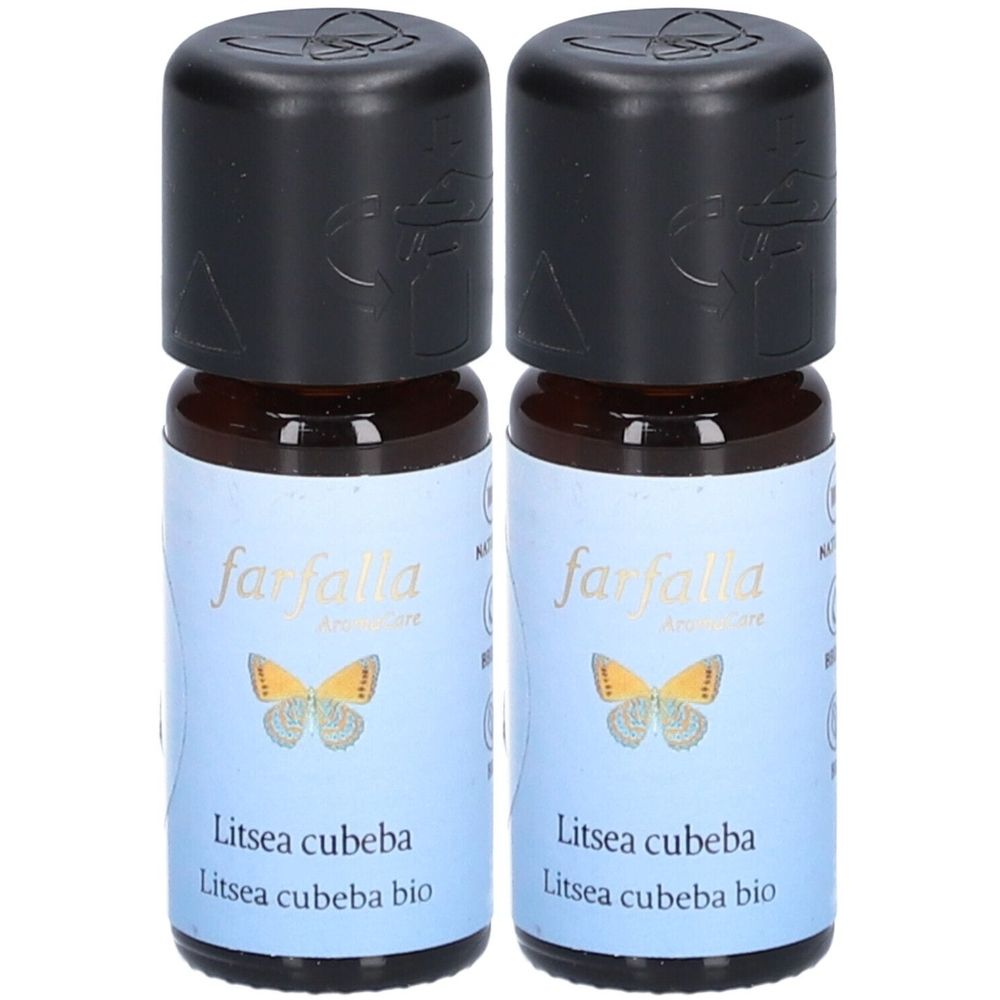 Deux flacons en verre brun avec des bouchons noirs. Les étiquettes indiquent "farfalla Aromapflege" et "Litsea cubeba bio".