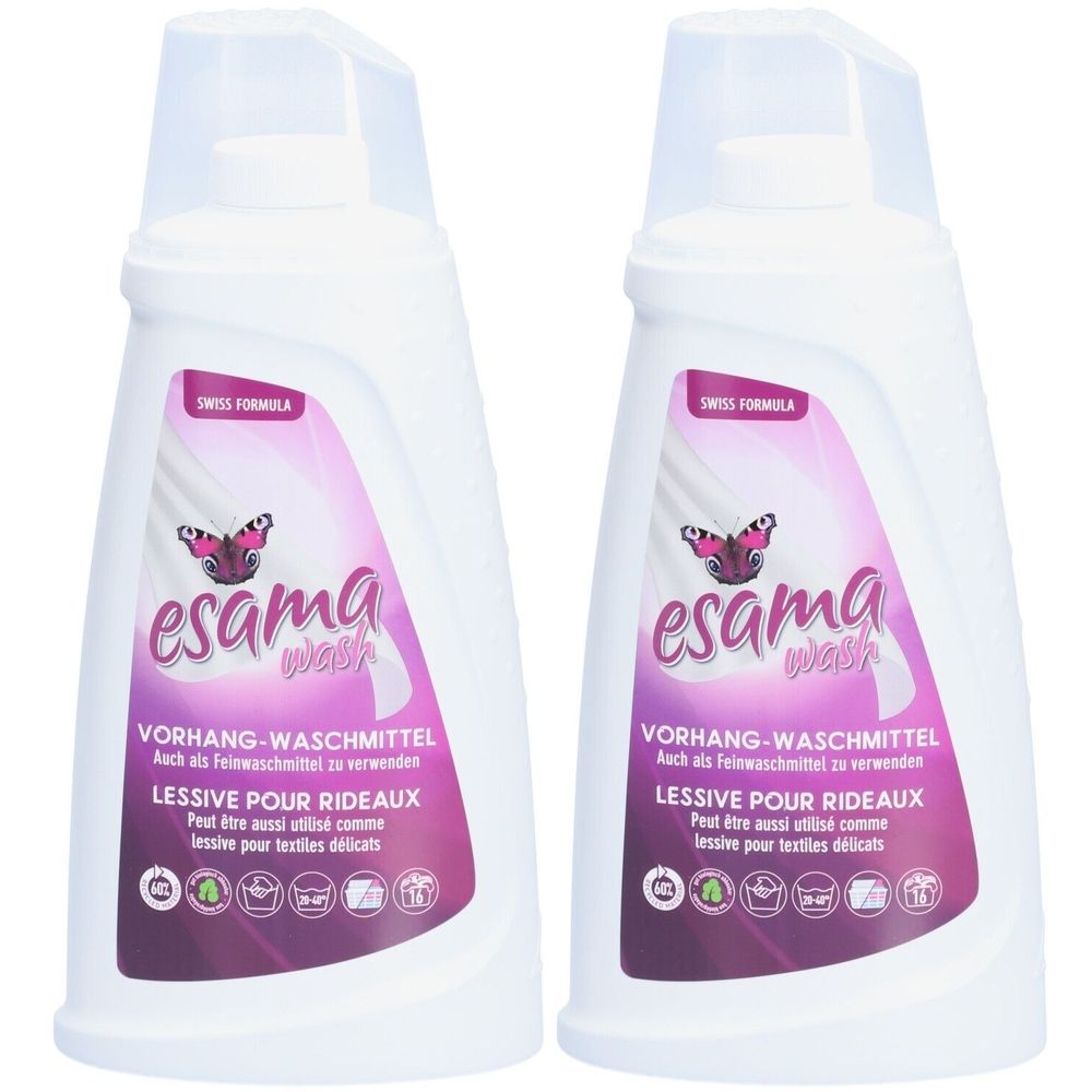 Zwei weiße Flaschen mit rosa Etikett. Aufschrift: esama wash, Vorhang-Waschmittel, Swiss Formula. Mit Schmetterling-Logo.