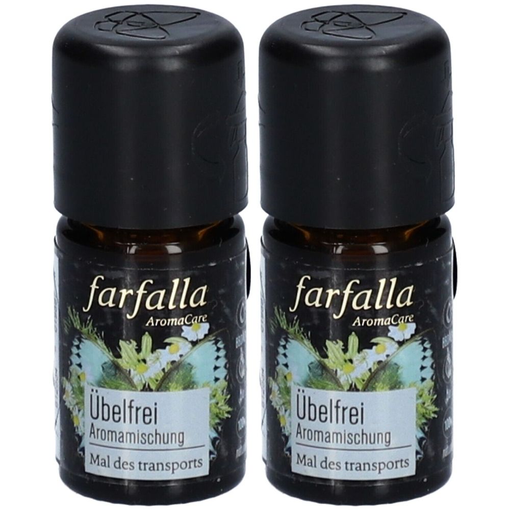 Deux petites bouteilles en verre brun avec bouchon noir. Inscription : farfalla AromaCare, Übelfrei Aromamischung, Mal des transports.