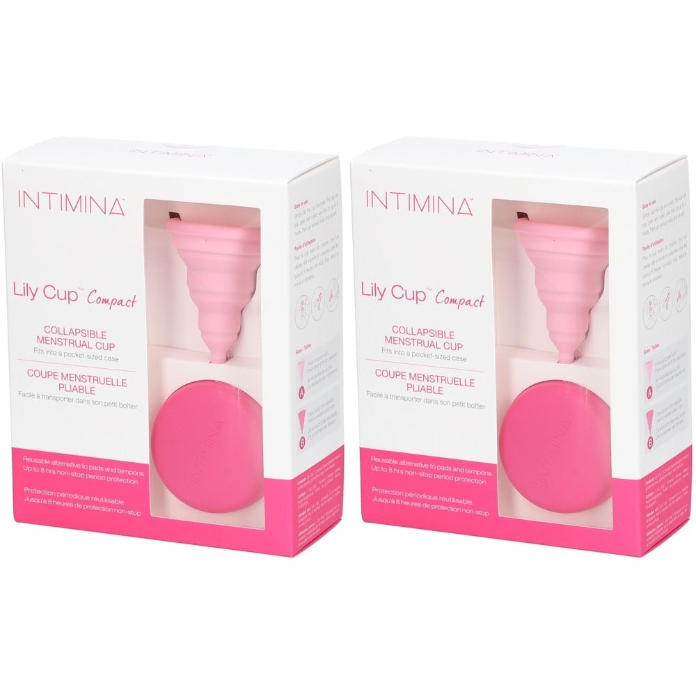Zwei Packungen mit rosa Menstruationstassen. Jede Packung zeigt eine gefaltete Tasse und eine runde Aufbewahrungsbox. Text: Intimina, Lily Cup Compact.