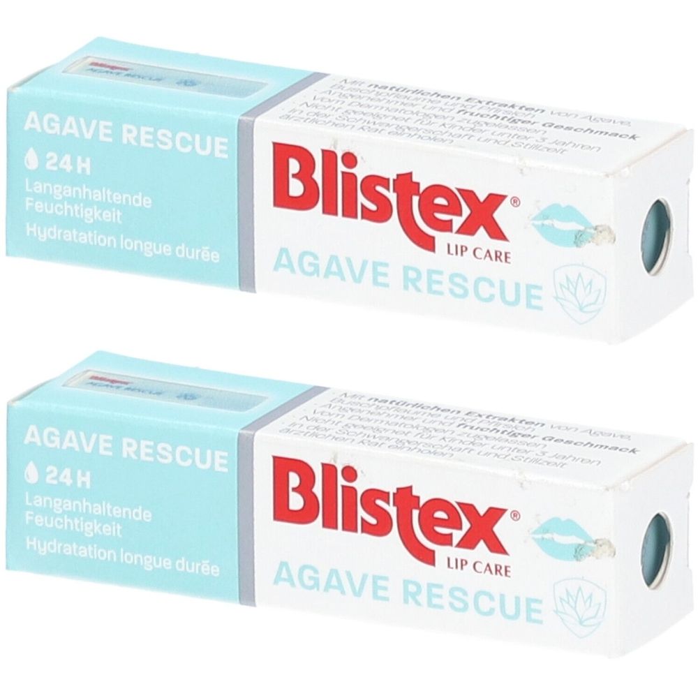 Zwei rechteckige Verpackungen. Auf der einen Seite steht "AGAVE RESCUE" und "24H". Auf der anderen Seite steht "Blistex LIP CARE AGAVE RESCUE".