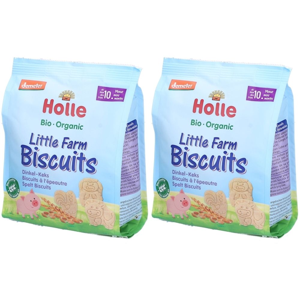 Zwei Beutel Holle Little Farm Biscuits. Blaue Verpackung mit Produktnamen, Logo und Demeter-Siegel. Geeignet ab 10 Monaten.