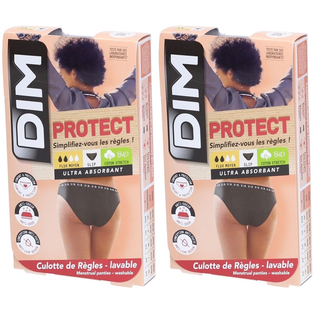 Zwei Verpackungen mit Menstruationsslips. Aufdruck: DIM PROTECT, ultraabsorbierend. Schwarze Unterhose abgebildet.