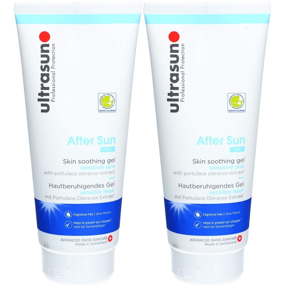 Zwei Tuben After-Sun-Gel. Weiß, mit blauer und roter Schrift. Marke: ultrasun. Text: Skin soothing gel, sensible Haut.