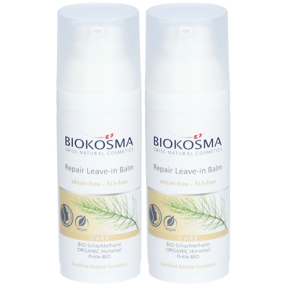Zwei weiße Flaschen mit Pumpverschluss. Aufschrift: BIOKOSMA, Repair Leave-in Balm, silicon-free - SLS-free. Mit Bio-Schachtelhalm.