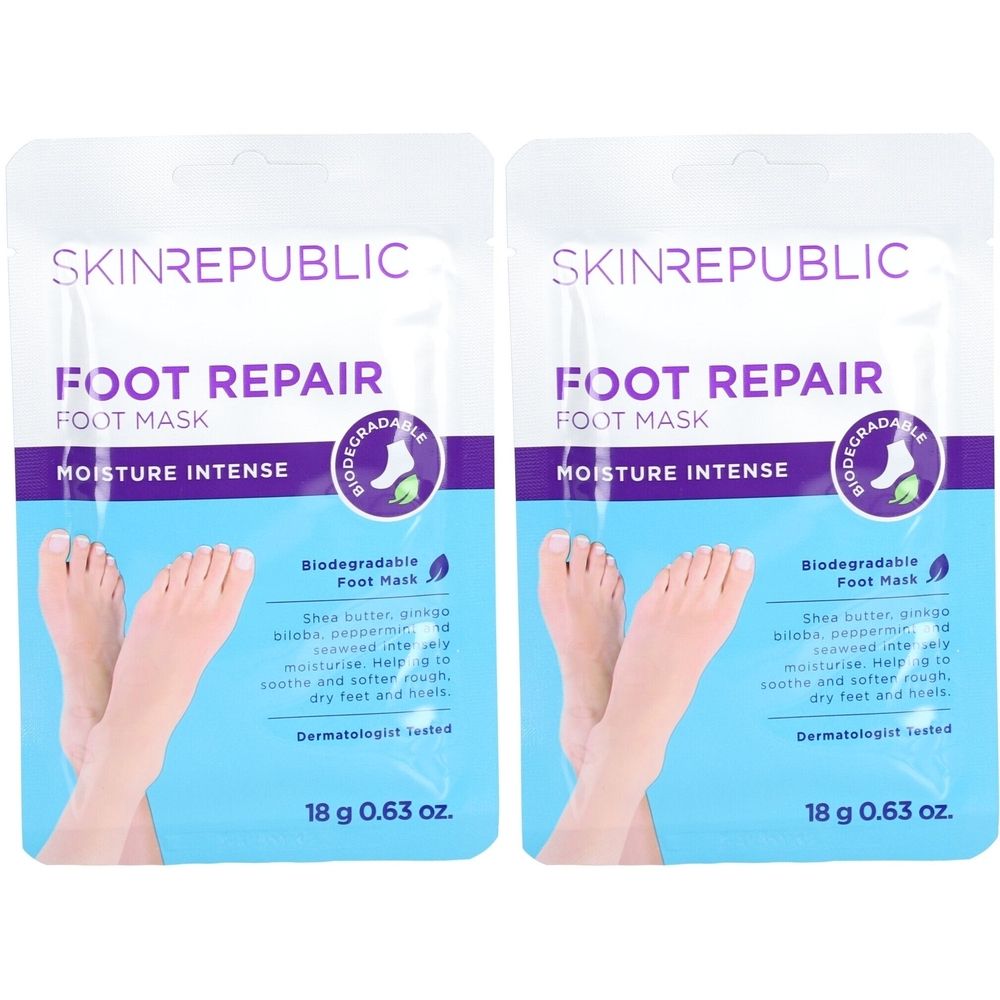 Zwei Fußmasken-Verpackungen. Aufschrift: SKIN REPUBLIC FOOT REPAIR FOOT MASK MOISTURE INTENSE. 18 g 0.63 oz.