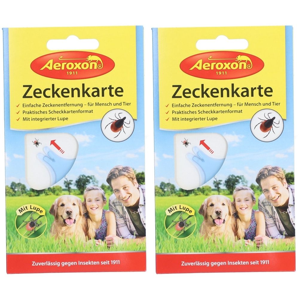 Zwei AEROXON Zeckenkarte-Verpackungen. Gelb-rot-weißes Design. Text: Zeckenkarte, einfache Zeckenentfernung, Lupe. Abbildung: Zecke, Familie mit Hund.