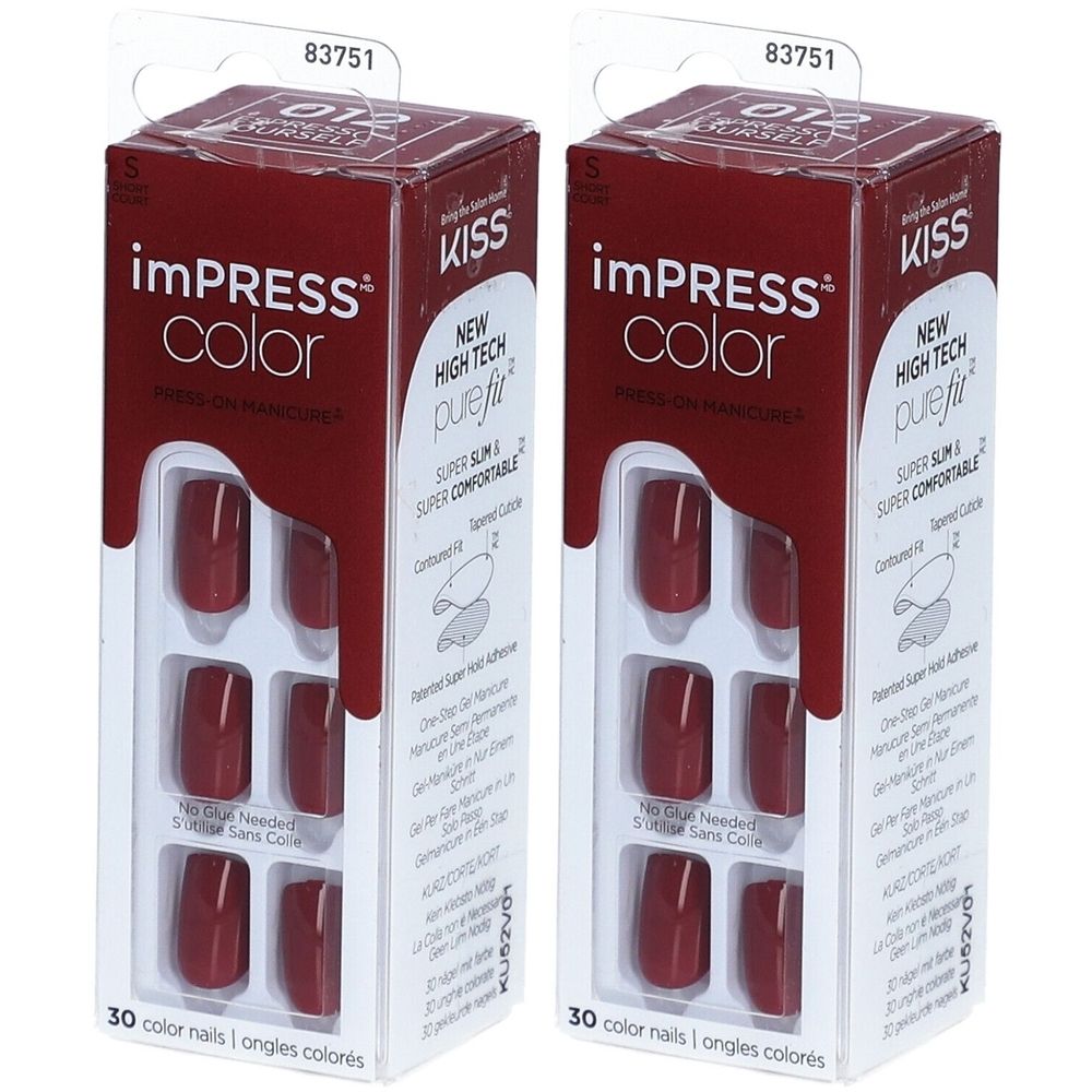 Zwei Packungen falscher Nägel. Jede Packung enthält 30 Nägel in Rot. Marke: imPRESS Color.