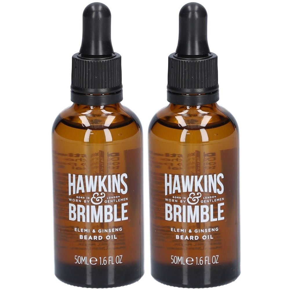 Zwei Flaschen Bartöl. Braune Glasflaschen mit schwarzen Pipetten. Aufschrift: HAWKINS & BRIMBLE, ELEMI & GINSENG BEARD OIL.