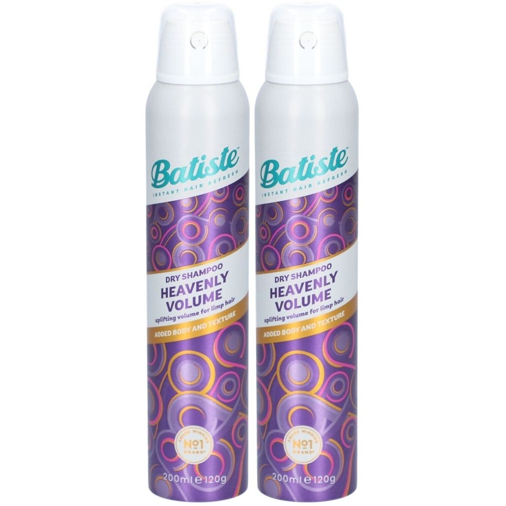 Zwei Sprühflaschen mit weißem Deckel. Aufschrift: Batiste, Dry Shampoo Heavenly Volume. Lila-goldenes Muster. Unten: 200ml e120g.