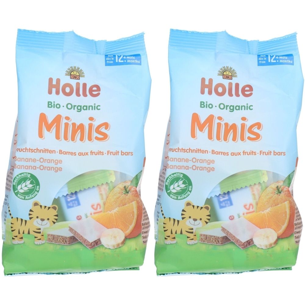Zwei Beutel HOLLE Minis Fruchtriegel. Aufschrift: Bio-Organic Minis, Banane-Orange. Mit Abbildung von Früchten und einem Tiger.