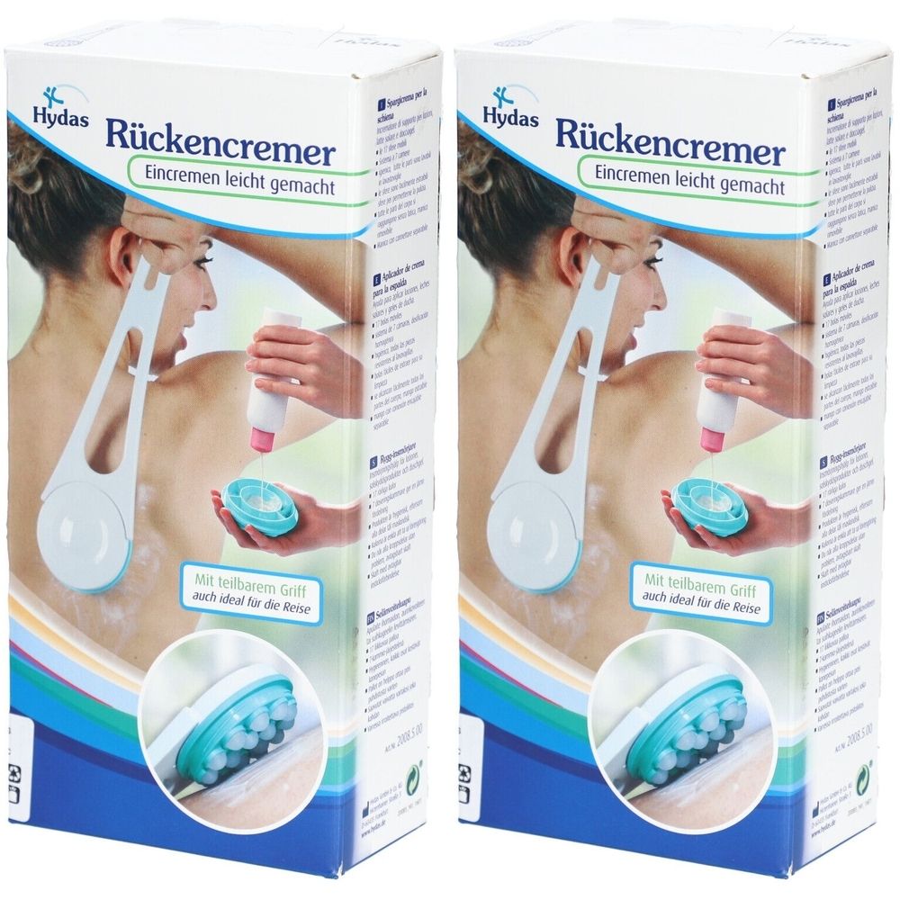 Zwei Produktverpackungen. Aufdruck: Hydas Rückencremer. Abgebildet ist eine Frau, die sich mit einem Hilfsmittel eincremt.