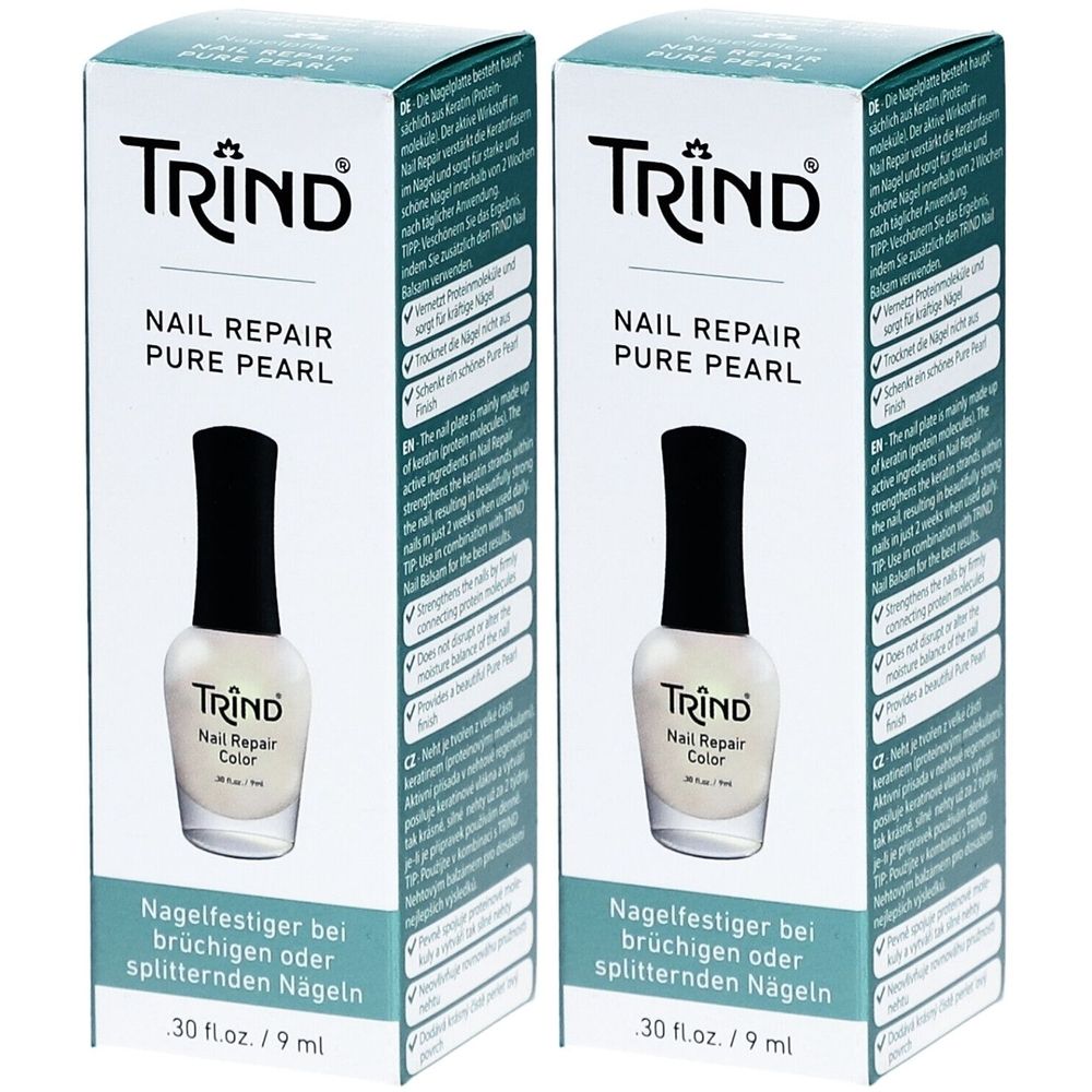 Zwei Schachteln mit Nagellack. Auf jeder Schachtel steht TRIND, NAIL REPAIR PURE PEARL. Darunter eine Flasche Nagellack mit schwarzem Deckel.