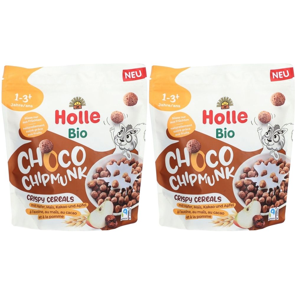 Zwei Beutel Holle Choco Chipmunk Crispy Cereals. Aufschrift: Bio, Choco Chipmunk, Crispy Cereals. Altersempfehlung: 1-3+ Jahre.
