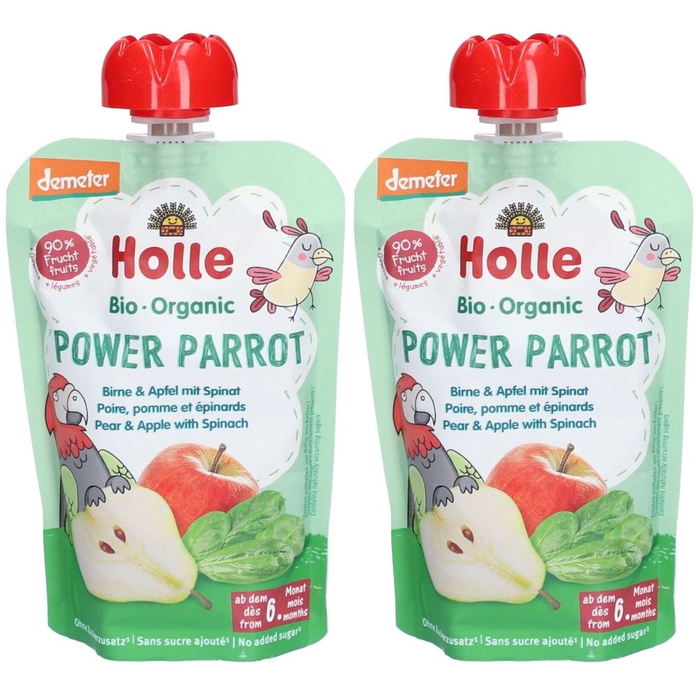 Zwei Quetschbeutel mit rotem Verschluss. Aufschrift: Holle Bio-Organic Power Parrot. Abbildung von Birne, Apfel und Spinat. Demeter-Siegel.