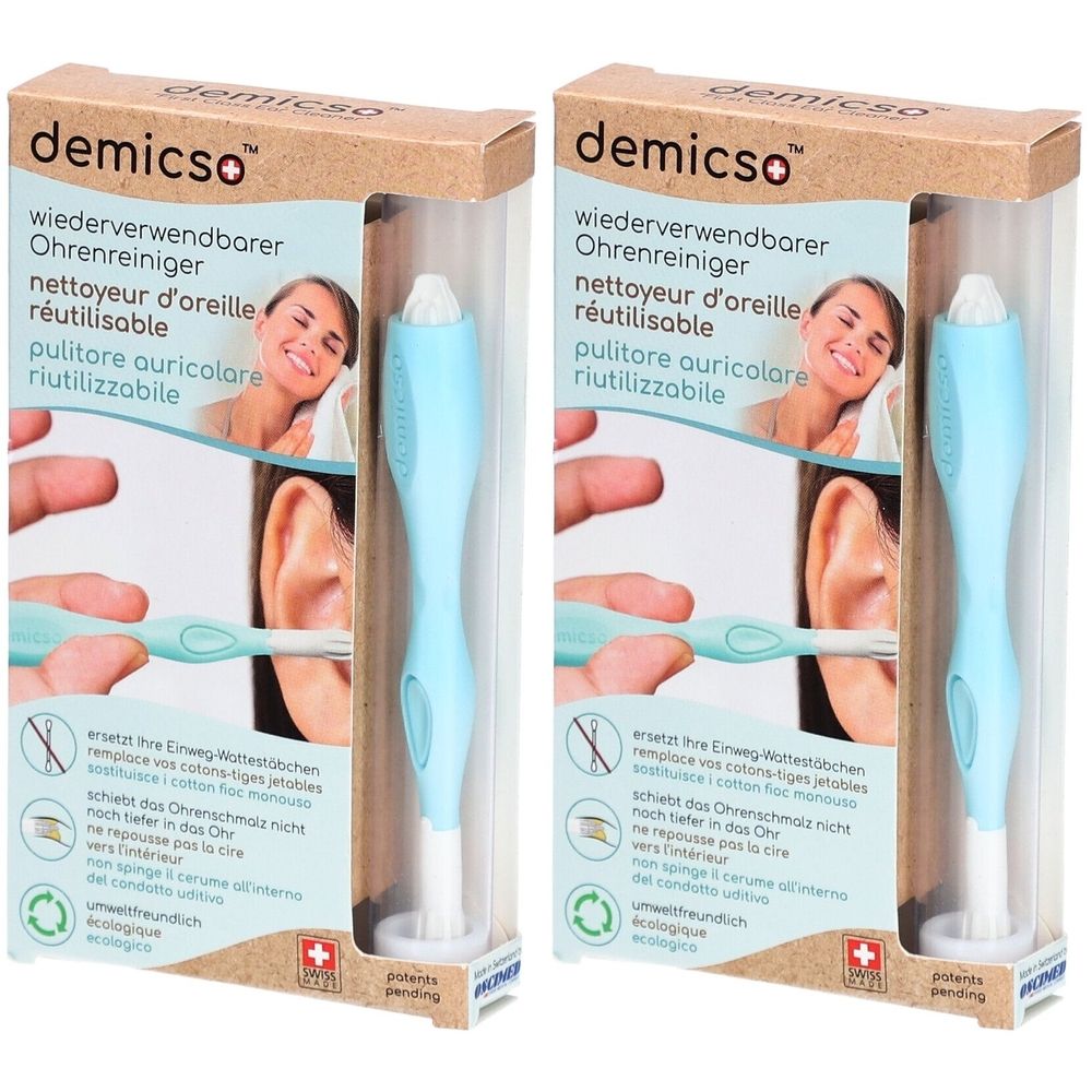 Zwei wiederverwendbare Ohrreiniger in Verpackung. Hellblaue Stiele mit weißen Spitzen. Marke: demicso.