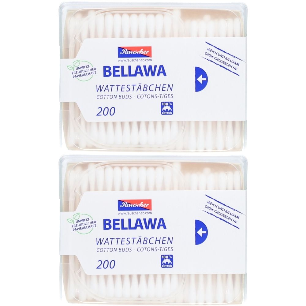 Zwei Packungen Wattestäbchen. Aufschrift: BELLAWA, 200 Stück. Verpackung mit transparentem Deckel.