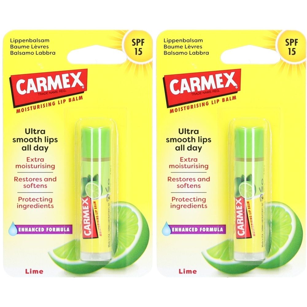 Zwei CARMEX Lippenbalsam Limette SPF15. Gelbe Verpackung mit Produktnamen, Produktbeschreibung und Limetten-Illustration.