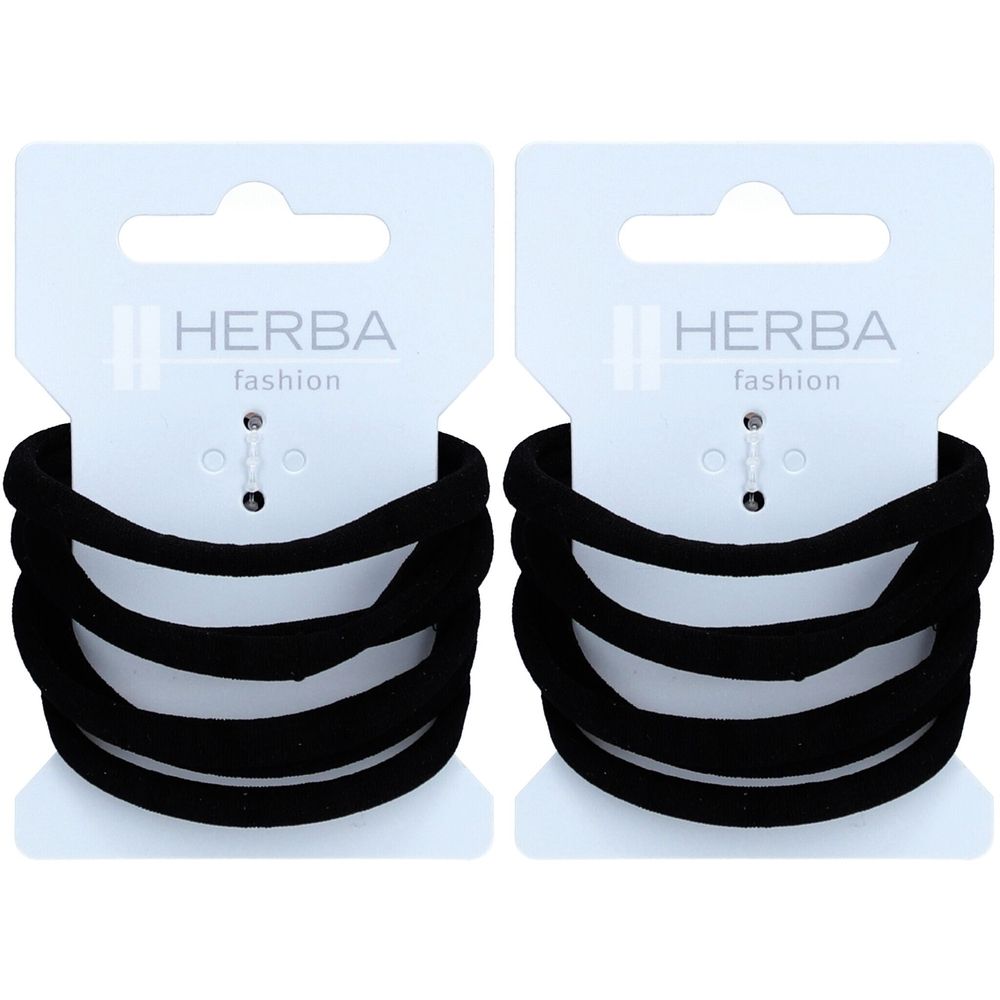 Zwei Packungen schwarzer Haargummis. Jede Packung hat ein weißes Etikett mit dem Logo HERBA fashion.