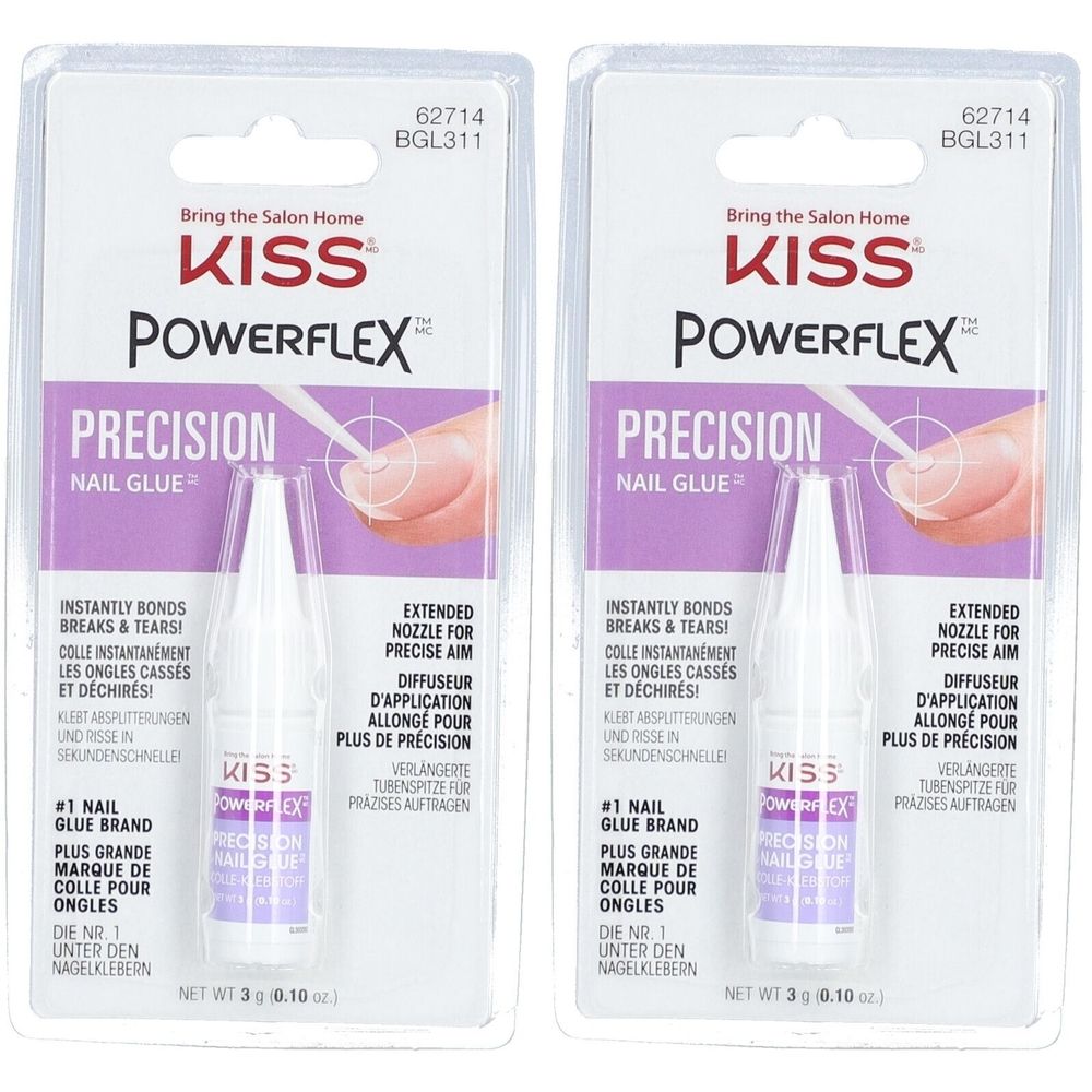 Zwei Packungen KISS PowerFlex Präzisions-Nagelkleber. Jede Packung enthält eine kleine Flasche mit Applikator. Aufschrift: Precision Nail Glue.